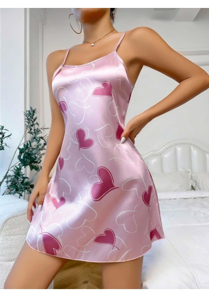 Kadın Pembe Saten Askılı Fuşya Kalp Desen Baskılı Gecelik 2217 fiyatları