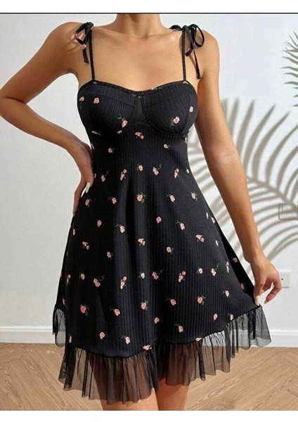 Kadın Siyah Pembe Gül Desenli Askılı Bağlamalı Dantel Detaylı Elbise 5072