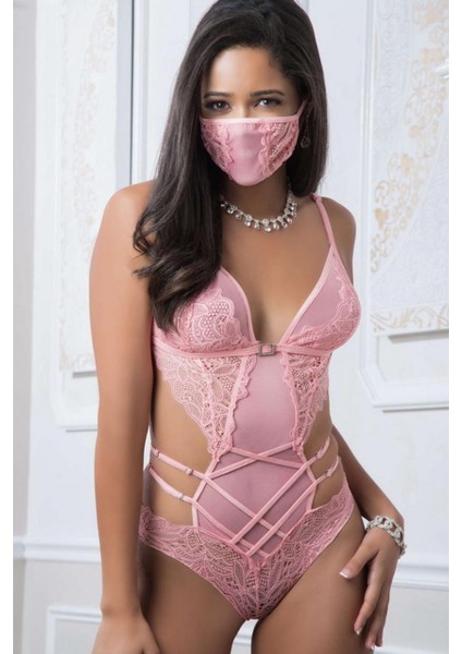 Pembe Dantel Işlemeli Maskeli Fantezi Body