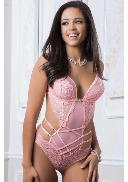 Pembe Dantel Işlemeli Maskeli Fantezi Body indirimleri