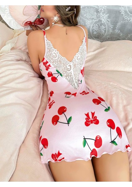 Kadın Kiraz Desenli Dantel Detaylı Askılı Elbise 5067 fiyatları