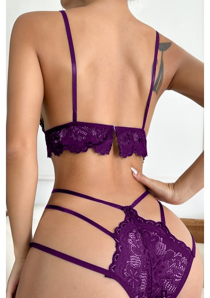 Kadın Mor Dantel Cut-Out Detaylı Şık Sütyen ve Külot Takımı modelleri