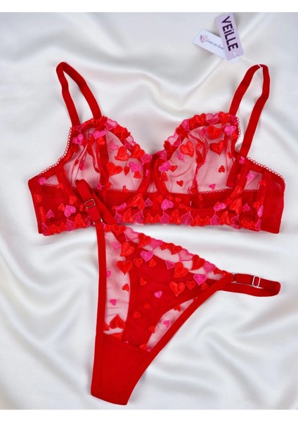 Kadın Kalpli Kırmızı Dantelli Balenli Sütyen Külot Takım fiyatları