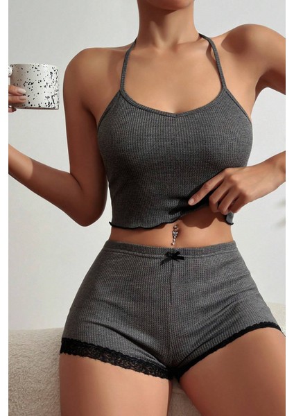Kadın Gri Kaşkorse Sırt ve Bacak Kısmı Dantel Detaylı Şortlu Gecelik Takım modelleri
