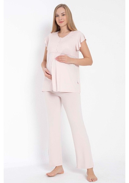 Kısa Kol Bisiklet Yaka Kadın Viskon Dantel Detaylı Hamile Pijama Takımı Sabahlık fiyatları