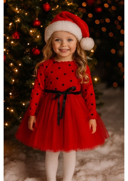 Linda Kız Bebek Prenses Kabarık Tütü Elbise Uzun Kol Puantiyeli Esnek Likralı Kırmızı Tüllü Yılbaşı Hediyesi