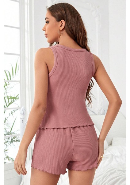 Kadın Tozlu Pembe Kenarları Fırfırlı Şortlu Kaşkorse Gecelik Takımı fiyatları