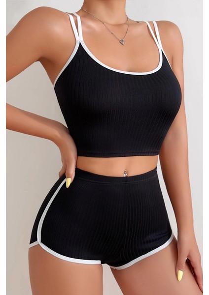 Kadın Siyah Beyaz Çapraz Lastik Detaylı Kaşkorse Şortlu Gecelik Takımı