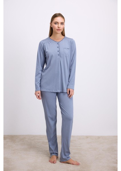 Modal Pamuklu Uzun Kollu Düğmeli 2'li Pijama Takımı