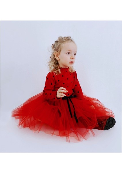 Linda Kız Bebek Prenses Kabarık Tütü Elbise Uzun Kol Puantiyeli Esnek Likralı Kırmızı Tüllü Yılbaşı Hediyesi fiyatları