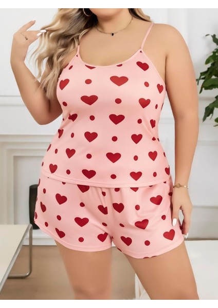 Büyük Beden Pembe Kalp Desen Pamuklu Şortlu Pijama Takımı fiyatları
