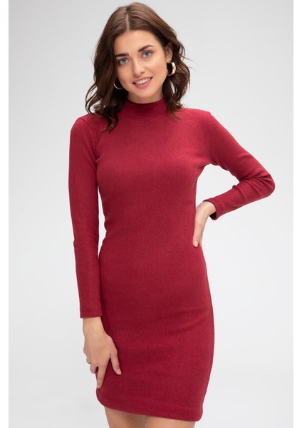 Kadın Bordo Kaşkorse Balıkçı Yaka Uzun Kollu Bodycon Mini Elbise