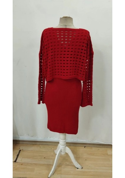 Kadın Uzun Kollu Delikli Kazak Askılı Elbise Triko Ikili Takım indirimleri