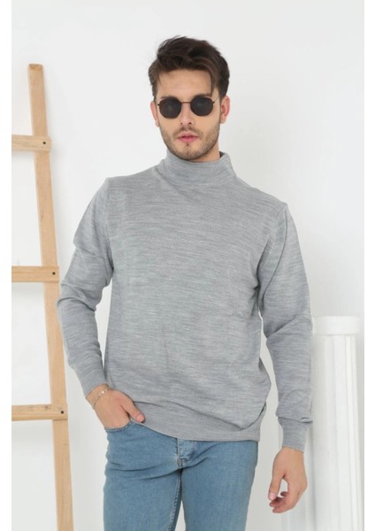 Erkek Yarım Boğaz Triko Kazak Yumuşak Dokulu Pamuklu Ince Dokuma, Uzun Kollu Rahat Regular Kalıp - Gri
