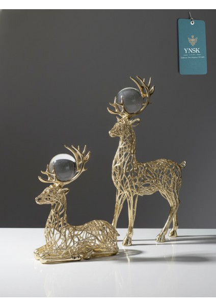Luxury | Luster Pair | Lüks 2'li Metal Geyik Kristal Küre Detaylı Dekor Obje
