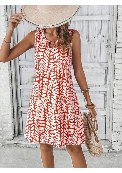 Kadın Sıfır Kol Yakadan Halka Detaylı Desenli Kısa Bürümcük Elbise