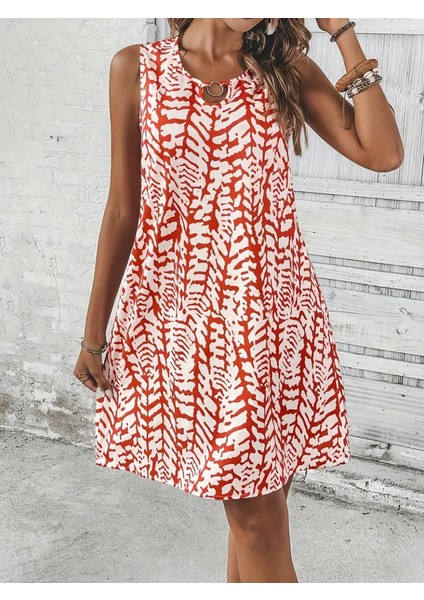 Kadın Sıfır Kol Yakadan Halka Detaylı Desenli Kısa Bürümcük Elbise fiyatları