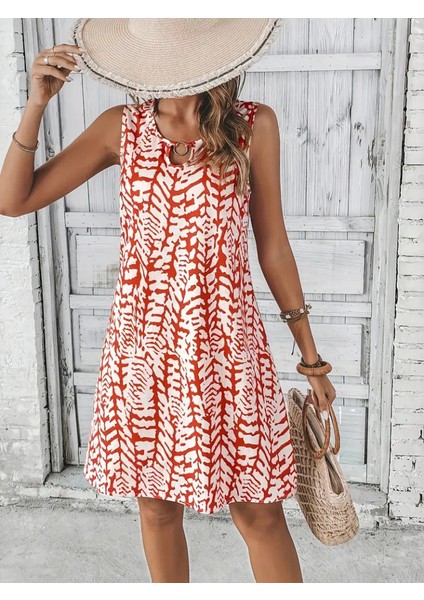 Kadın Sıfır Kol Yakadan Halka Detaylı Desenli Kısa Bürümcük Elbise fırsatları