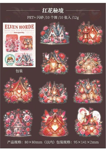 O14-10 Adet Simli Evler Pet Sticker - Renk : Kırmızı fırsatları