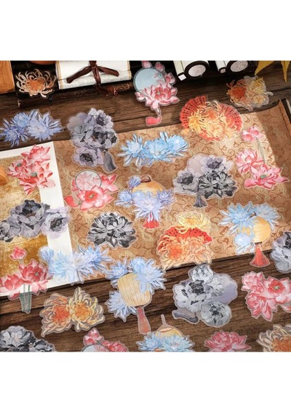 O17-10 Adet Cin Tarzı Cicekler Pet Sticker - Renk : Siyah