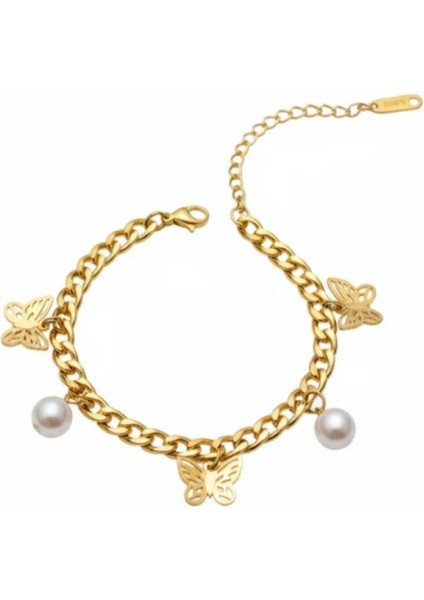 Kadın Kelebek ve Inci Detaylı Sallantılı Çelik Bileklik