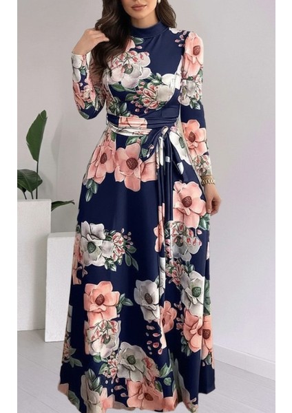 Kadın Uzun Kollu Yuvarlak Yakalı Beli Kuşaklı Desenli Süprem Uzun Elbise modelleri