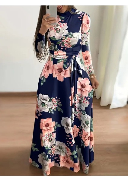 Kadın Uzun Kollu Yuvarlak Yakalı Beli Kuşaklı Desenli Süprem Uzun Elbise fırsatları