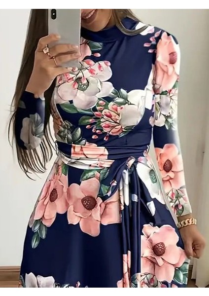 Kadın Uzun Kollu Yuvarlak Yakalı Beli Kuşaklı Desenli Süprem Uzun Elbise indirimleri