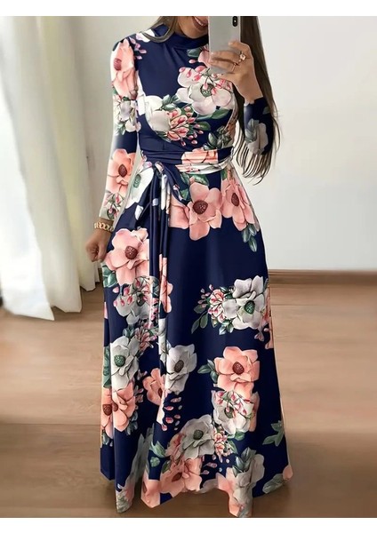 Kadın Uzun Kollu Yuvarlak Yakalı Beli Kuşaklı Desenli Süprem Uzun Elbise