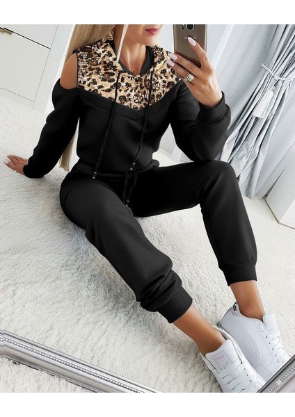 Kadın Uzun Kollu Omuzlardan Açık Leopar Desenli Kapşonlu Viskon Iki Iplik Bluz ve Pantolon Ikili Takım indirimleri