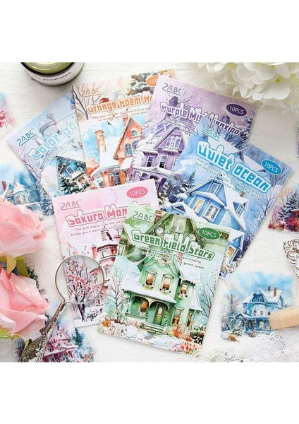 P11-10 Adet Karlı Ev Pet Sticker - Renk : Pembe