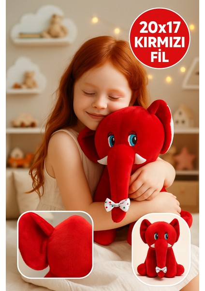 Kırmızı Fil Peluş Oyuncak 20×17 cm – Çocuk Odası Dekoru, Sevimli Bebek Hediyesi, Yumuşak Peluş Figür