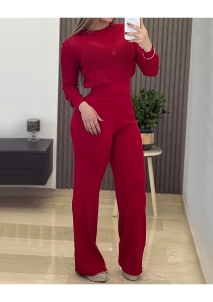 Kadın Uzun Kollu Yuvarlak Yaka Transparan Detaylı Triko Bluz ve Pantolon Ikili Takım