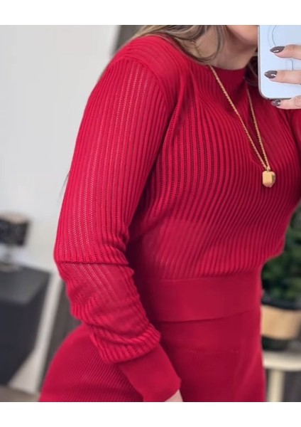 Kadın Uzun Kollu Yuvarlak Yaka Transparan Detaylı Triko Bluz ve Pantolon Ikili Takım modelleri