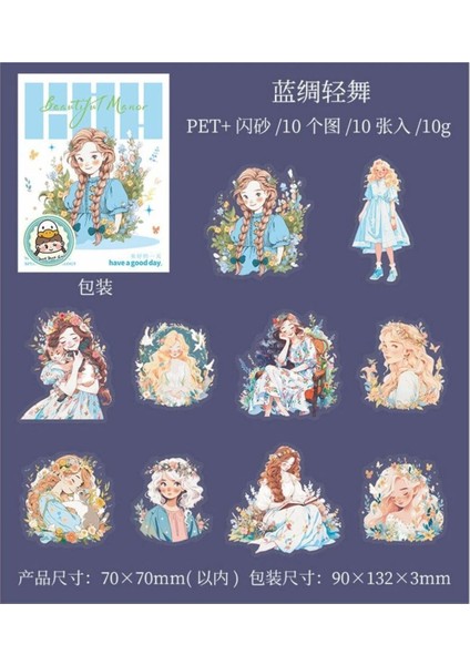 P6-10 Adet Simli Tatlı Kız Pet Sticker - Renk : Mavi modelleri