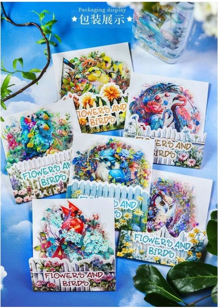 P10-10 Adet Hologramlı Kus ve Cicek Pet Sticker - Numara : 1