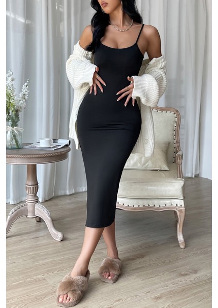 Kadın Siyah Yırtmaçlı Diz Altı Vücüdu Saran Gecelik fırsatları