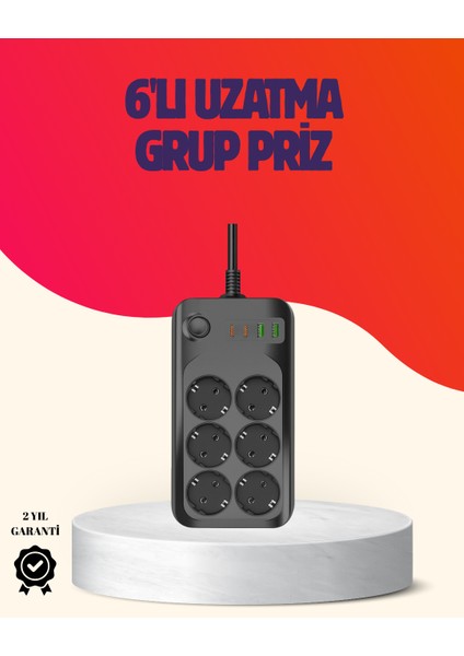 USB Type-C Destekli Termal Korumalı 6’lı Uzatma Priz 10A 2m