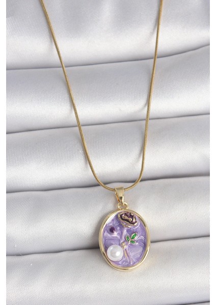316L Çelik Renk Zincir Mor Çiçek Işlemeli Inci Detay Portre Kadın Kolye