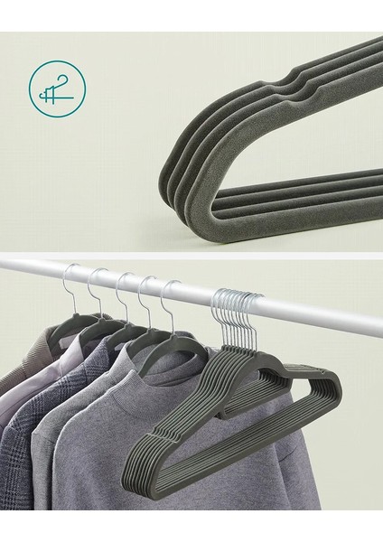 Songmıcs Kadife Elbise Askısı, 100 Adet, Kaymaz Yüzeyli Askı Seti, Yerden Tasarruf Sağlayan Elbise Askısı, 360° Dönebilen Metal Kancalı, Gri CRF100V modelleri
