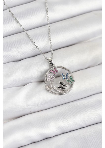 316L Çelik Zincir Gümüş Renk Zirkon Taşlı Kelebekli Kadın Kolye