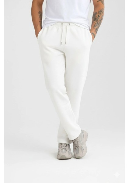 Erkek Üç Iplik Kışlık Pamuklu Ovarsize Bağcıklı Düz Paça Cepli Eşofman Altı Spor Rahat Model - Beyaz