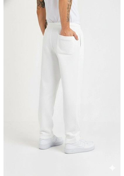 Erkek Üç Iplik Kışlık Pamuklu Ovarsize Bağcıklı Düz Paça Cepli Eşofman Altı Spor Rahat Model - Beyaz fiyatları