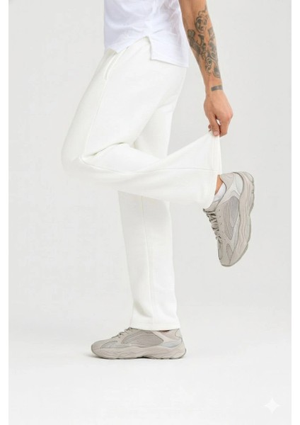 Erkek Üç Iplik Kışlık Pamuklu Ovarsize Bağcıklı Düz Paça Cepli Eşofman Altı Spor Rahat Model - Beyaz fırsatları