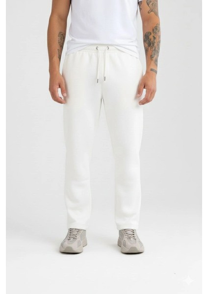 Erkek Üç Iplik Kışlık Pamuklu Ovarsize Bağcıklı Düz Paça Cepli Eşofman Altı Spor Rahat Model - Beyaz indirimleri