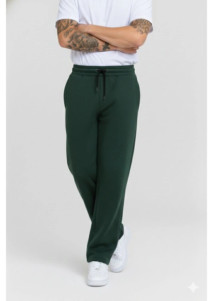 Erkek Üç Iplik Kışlık Pamuklu Ovarsize Bağcıklı Düz Paça Cepli Eşofman Altı Spor Rahat Model - Haki