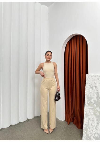 Cırtlı Pantolon Krep Bej Pt