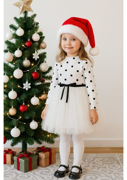 Linda Kız Bebek Çocuk Prenses Kabarık Tütü Elbise Uzun Kol Puantiyeli Esnek Likralı Tüllü Beyaz Elbise Yılbaşı Hediyesi