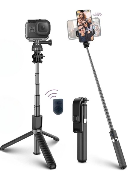 Fotoğraf Makinası ve Telefon Takılabilen 2si 1 Arada 2.2m Uzayan Selfie Çubuğu Kumandalı Tripo