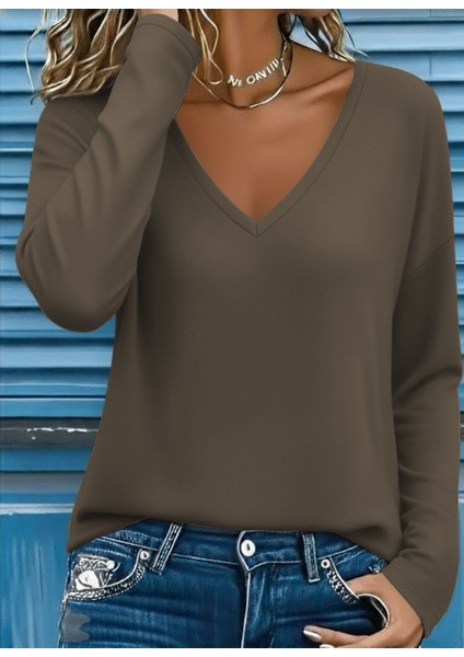 Kadın Uzun Kollu V Yakalı Viskon Iki Iplik Bluz